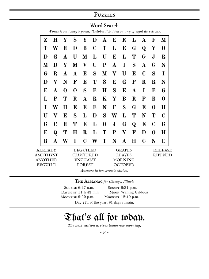 The last page: a word search, the almanac for Chicago, and the words That's all for today.