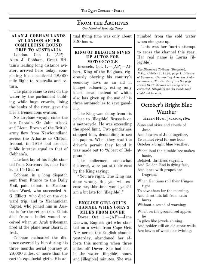 A page of stories reprinted from The Bismarck Tribune of October 1, 1926.